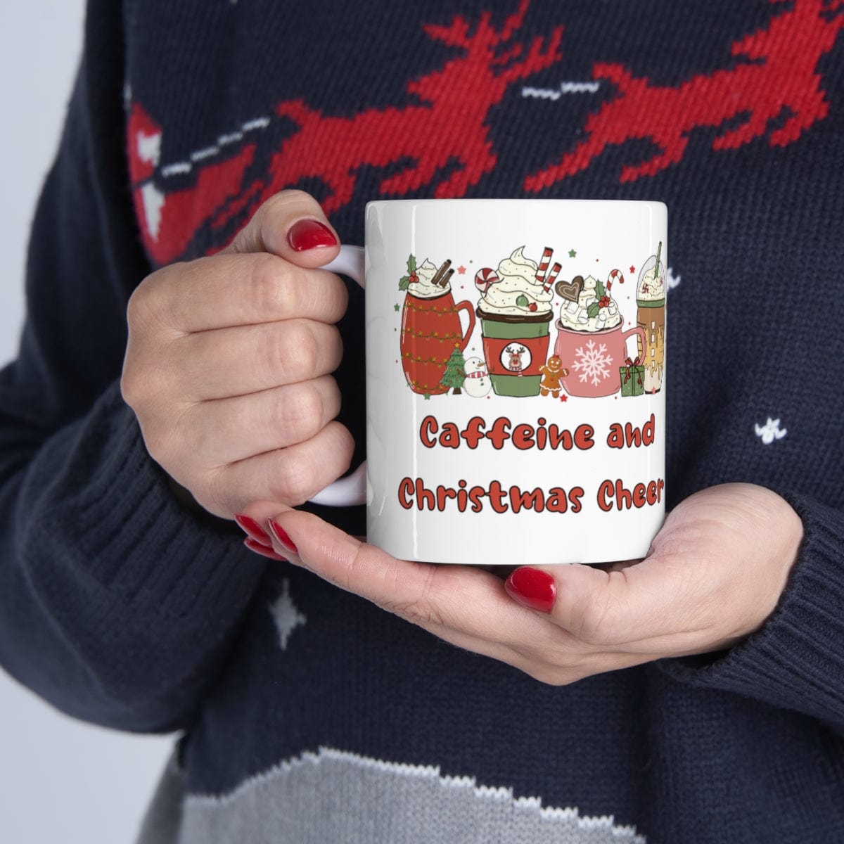 Printify Mug 11oz Coffee Mug, "Caffeine and Christmas Cheer", Fancy Coffee Drinks, Christmas Coffee, White 11oz Ceramic, Gift for Her, Cute Mug, Free Shipping 22780328799452416460